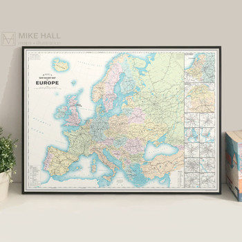 Europe Railway Map A1 Art Print (detail framed) by Mike Hall at Of Cabbages and Kings