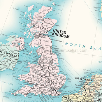 Europe Railway Map A1 Art Print (detail 01) by Mike Hall at Of Cabbages and Kings