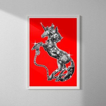 Unicorn (Red) Disco Screen Print (framed) by Luke Marsh at Of Cabbages and Kings