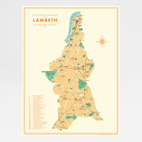 Lambeth Retro Map art print by Mike Hall at Of Cabbages and Kings. 
