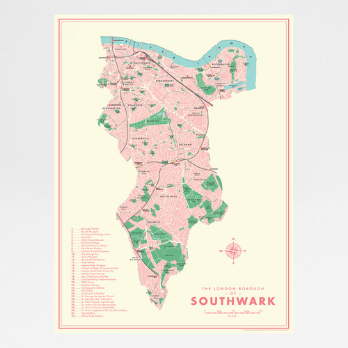 Southwark Retro Map Print by Mike Hall at Of Cabbages and Kings. 