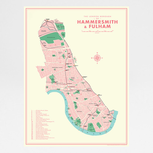 Hammersmith and Fulham Retro Map Print by Mike Hall at Of Cabbages and Kings. 