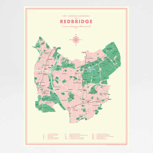 Redbridge Retro Map Print by Mike Hall at Of Cabbages and Kings. 