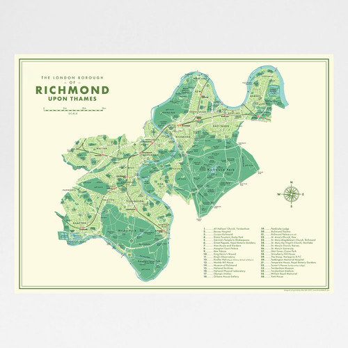 Richmond Upon Thames Retro Map Print by Mike Hall at Of Cabbages and Kings. 