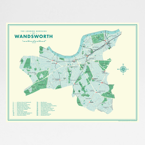Wandsworth Retro Map Print by Mike Hall at Of Cabbages and Kings. 