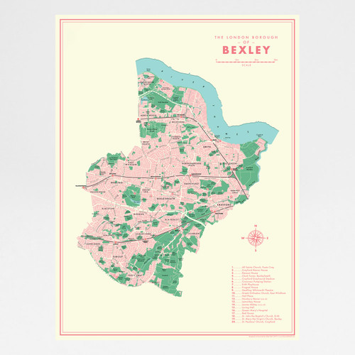 Bexley Retro Map Print by Mike Hall at Of Cabbages and Kings. 