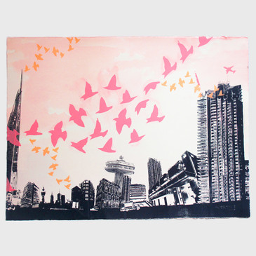 Sky High City Flyers - cityscape with birds screen print by Anna Marrow at Of Cabbages and Kings