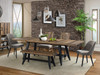 Urban Rustic 100" dining table and slat back chairs with Mid-century upholstered captains chair and 48" backless bench