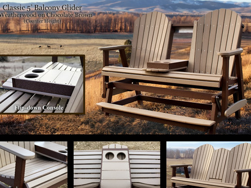 5 foot classic balcony  glider with fold down tray opened showing cupholders- Counter high
