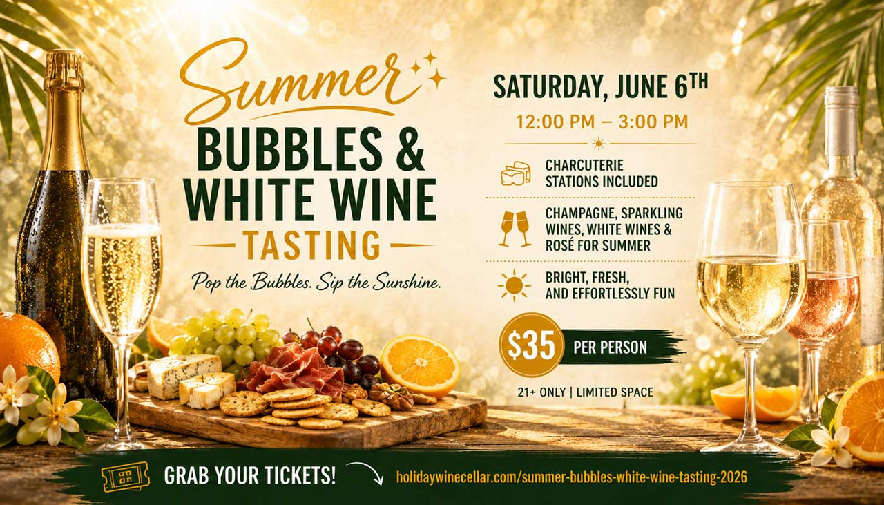 Summer Bubbles & White Wine Tasting banner at Holiday Wine Cellar featuring champagne, white wine glasses, citrus slices and charcuterie board – Saturday, June 6th, 12:00 PM to 3:00 PM