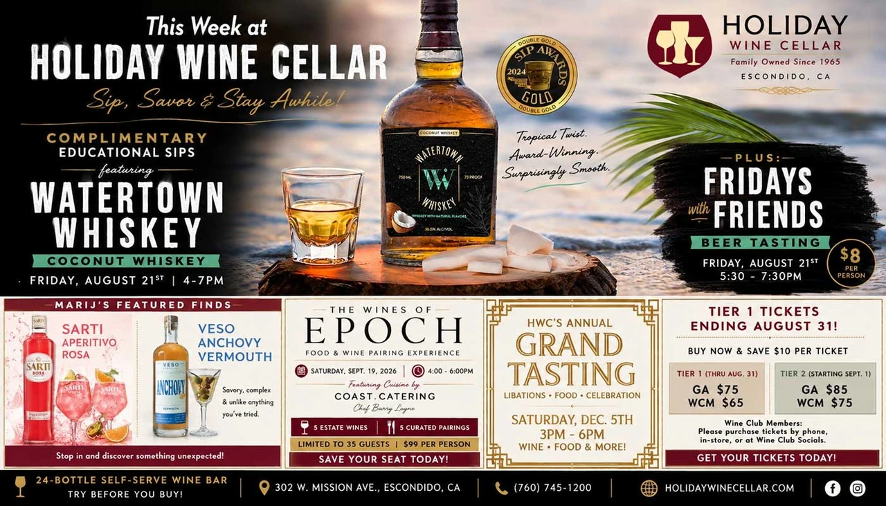 This week at Holiday Wine Cellar: Watertown Whiskey Educational Sips, Fridays with Friends Beer Tasting, featured finds, Epoch Wine Pairing and Grand Tasting tickets.
