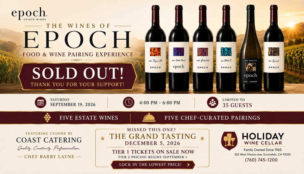 EPOCH Food & Wine Pairing Experience at Holiday Wine Cellar – Sold Out; Grand Tasting December 5 tickets on sale now