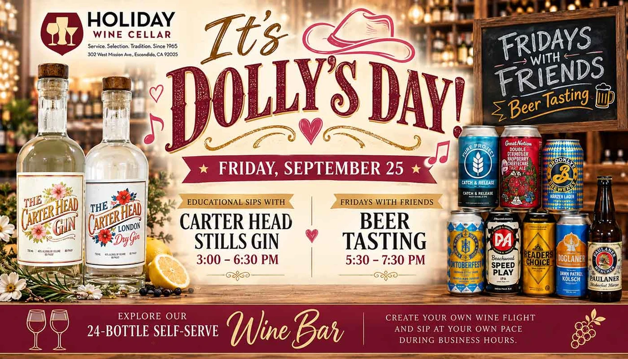 Dolly’s Day at Holiday Wine Cellar on Friday, September 25, featuring Carter Head Stills Gin Educational Sips and Fridays with Friends Beer Tasting.