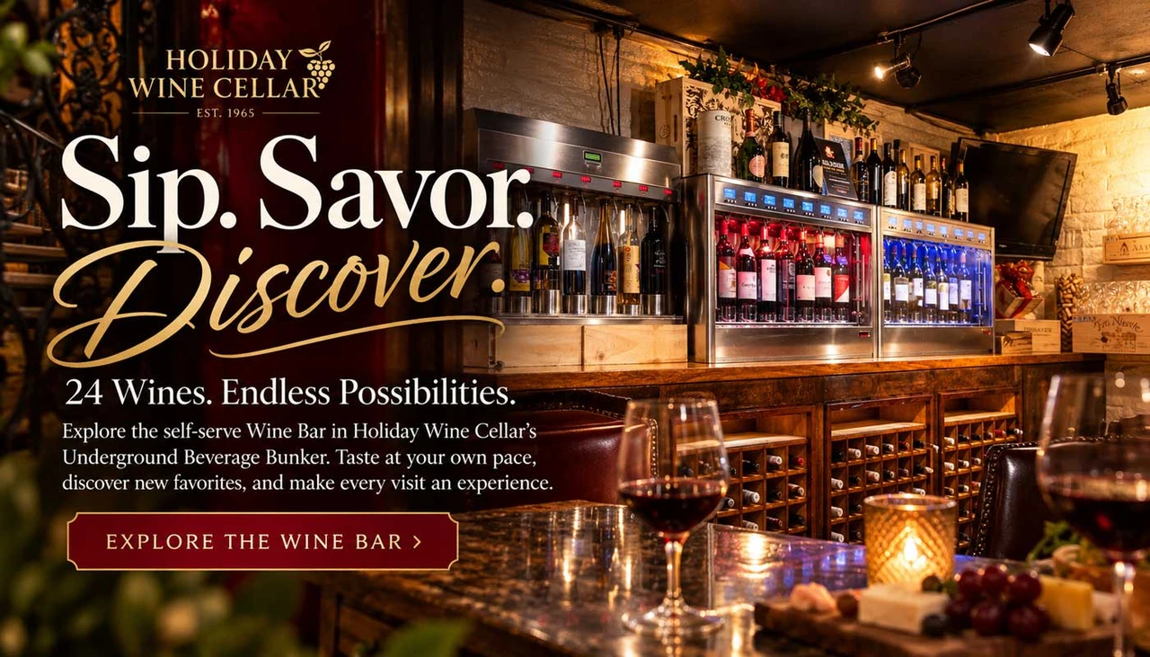 Discover Holiday Wine Cellar’s 24-bottle self-serve Wine Bar in Escondido’s Underground Beverage Bunker. Sip, savor, and explore a variety of wines at your own pace in a unique, inviting wine cellar experience.
