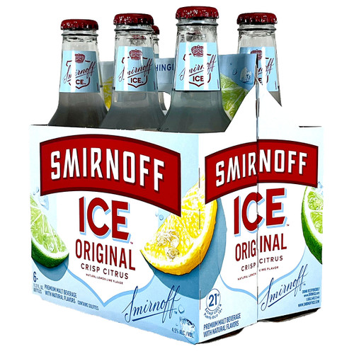 "6-pack of Smirnoff Ice Original Crisp Citrus 11.2 fl oz bottles in light blue packaging with red and white branding, featuring lemon and lime imagery."