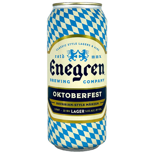 "Can of Enegren Brewing Company Oktoberfest Bavarian-Style Märzen Lager with blue and white diamond pattern and gold accents."