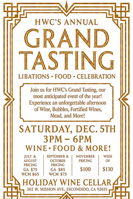 Holiday Wine Cellar Annual Grand Tasting 2026 event poster featuring Saturday, December 5, 2026 from 3–6 PM with wine tastings, gourmet food, and early bird ticket pricing.