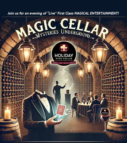 a Holiday Wine Cellar wine glass and a headless magician with a  card floating over his hand inside the underground wine cellar with 4 men sitting adjacent to another magician waiving a wand