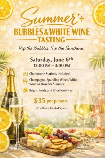 Summer Bubbles & White Wine Tasting poster at Holiday Wine Cellar in Escondido featuring Champagne, sparkling wines and rosé