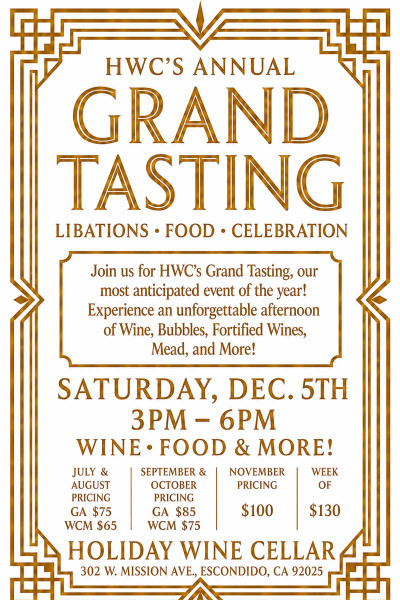 Holiday Wine Cellar Annual Grand Tasting 2026 event poster featuring Saturday, December 5, 2026 from 3–6 PM with wine tastings, gourmet food, and early bird ticket pricing.