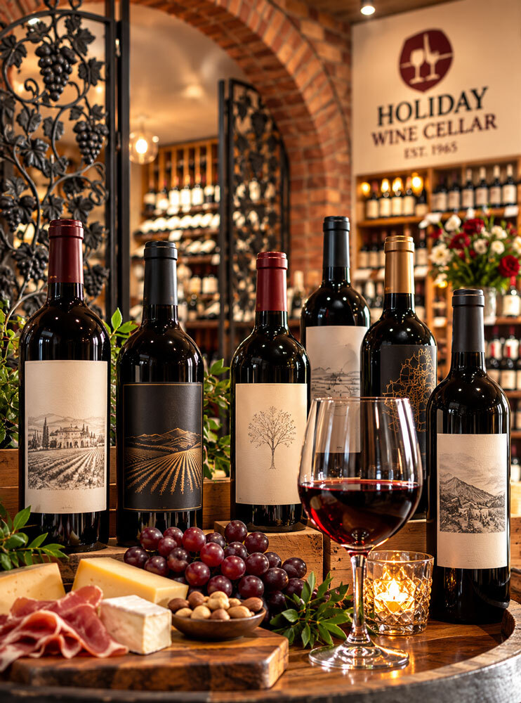 Bottles of red wine with cheese and charcuterie at Holiday Wine Cellar