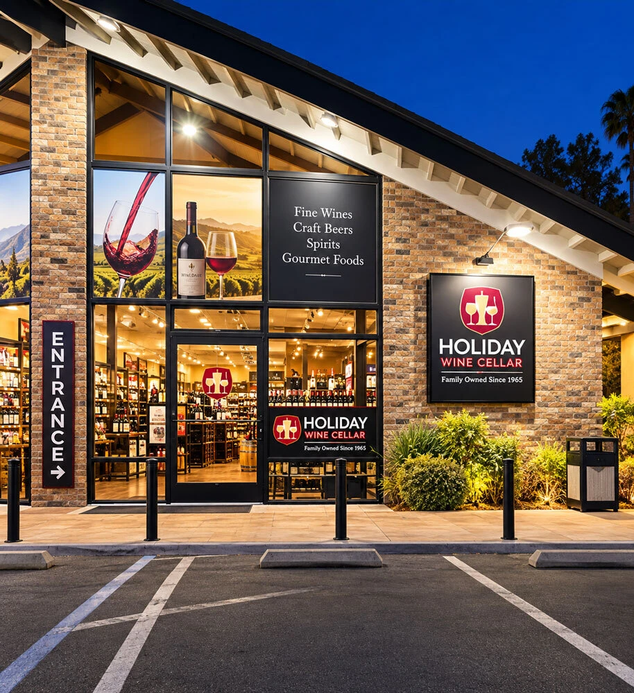 Holiday Wine Cellar storefront in Escondido at night
