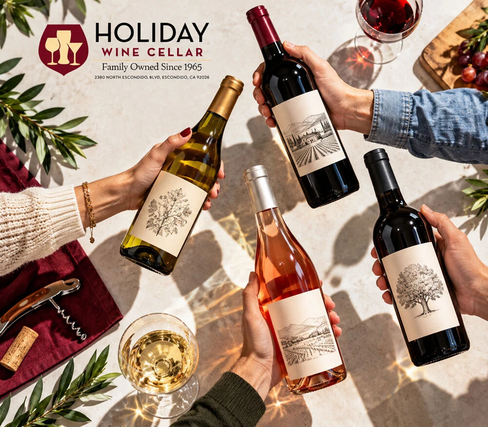 Friends raising glasses beside bottles of red, white and rosé wine