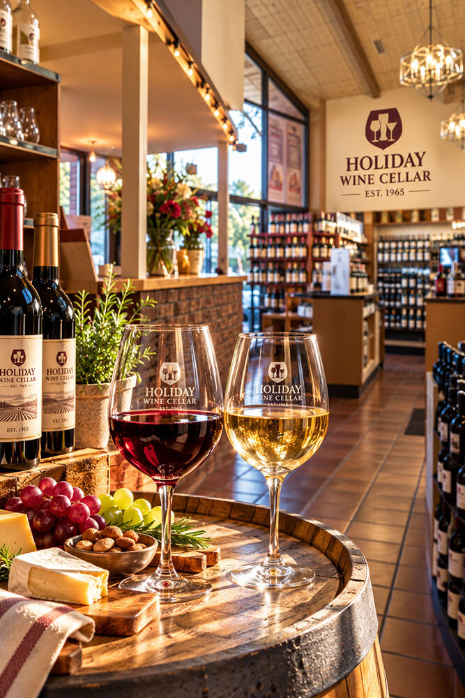 Glasses of red and white wine with cheese on a barrel inside Holiday Wine Cellar