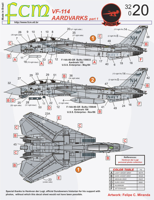 FCM F-14A Tomcat - VF114 Aadvarks Decals 1:32 Scale (FCD032020) FCM F-14A Tomcat - VF114 Aadvarks Decals 1:32 Scale (FCD032020)