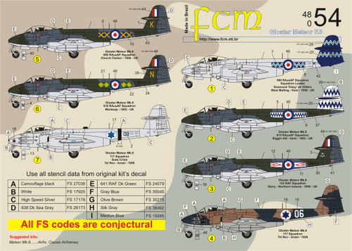FCM Gloster Meteor Mk.8 (RAF / IAF) Decals 1:48 Scale (FCD048054) FCM Gloster Meteor Mk.8 (RAF / IAF) Decals 1:48 Scale (FCD048054)