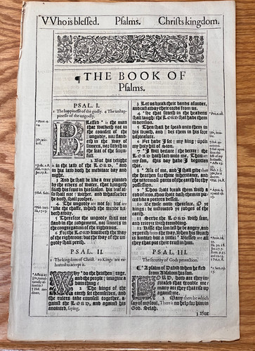 Psalm 1 Title Page Ancient Bible Leaf from an original, over 400 Year Old, 1611 King James Bible
