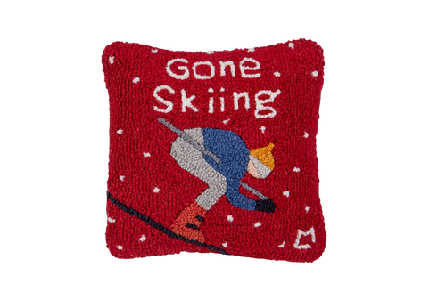 Gone Skiing 14"x14" Hooked Wool Pillow