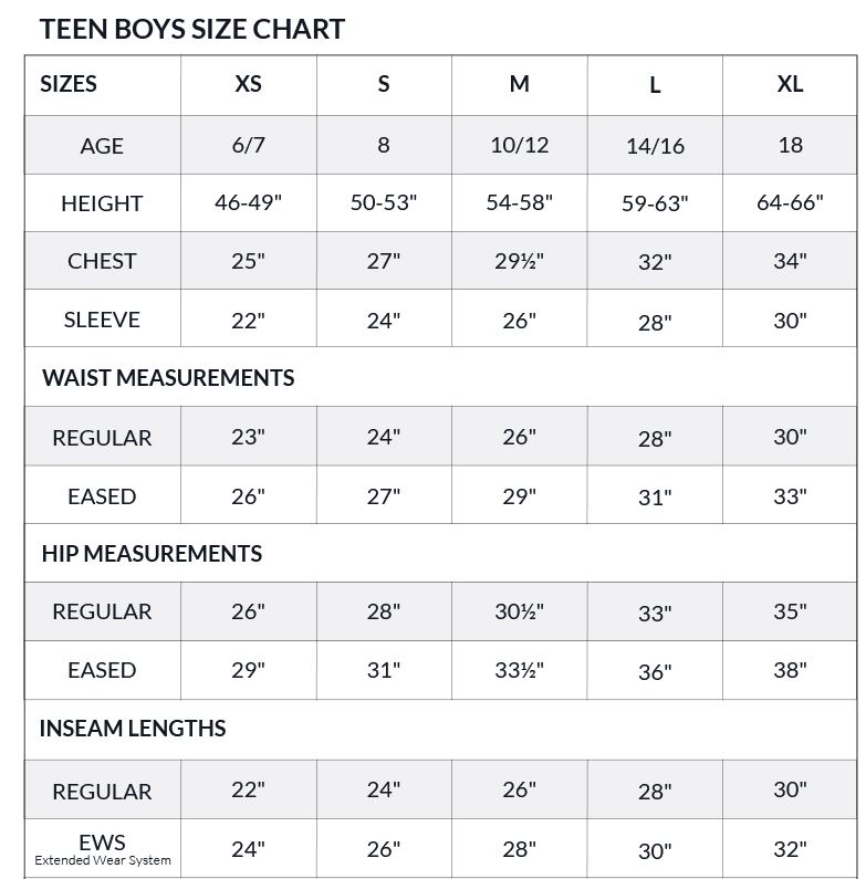 Ober Teen Boys Size Chart 