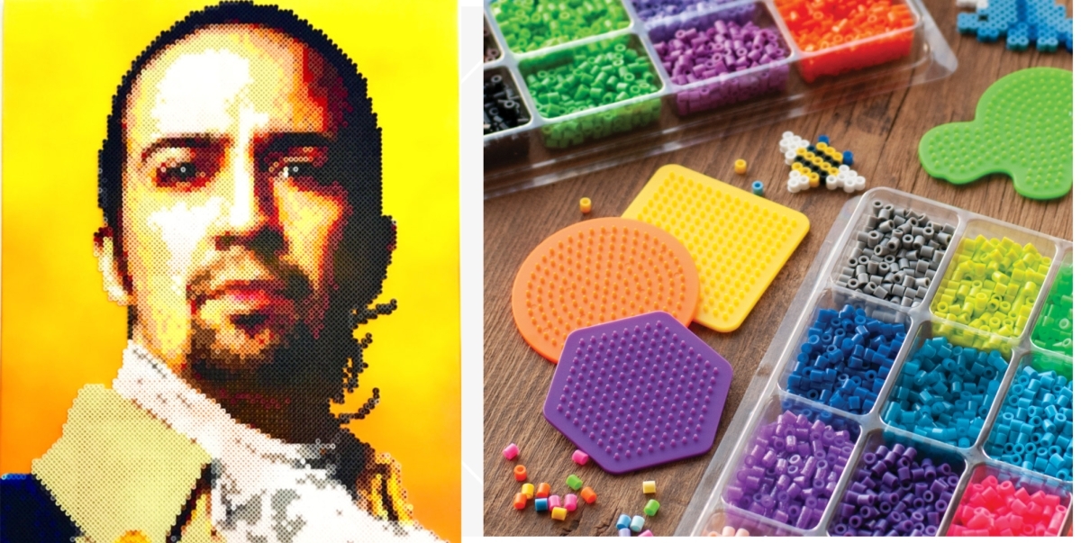 A portrait of Lin-Manuel Miranda made with Perler beads by pixel artist Kyle McCoy; Perler beads and colorful pegboards for kids crafts.