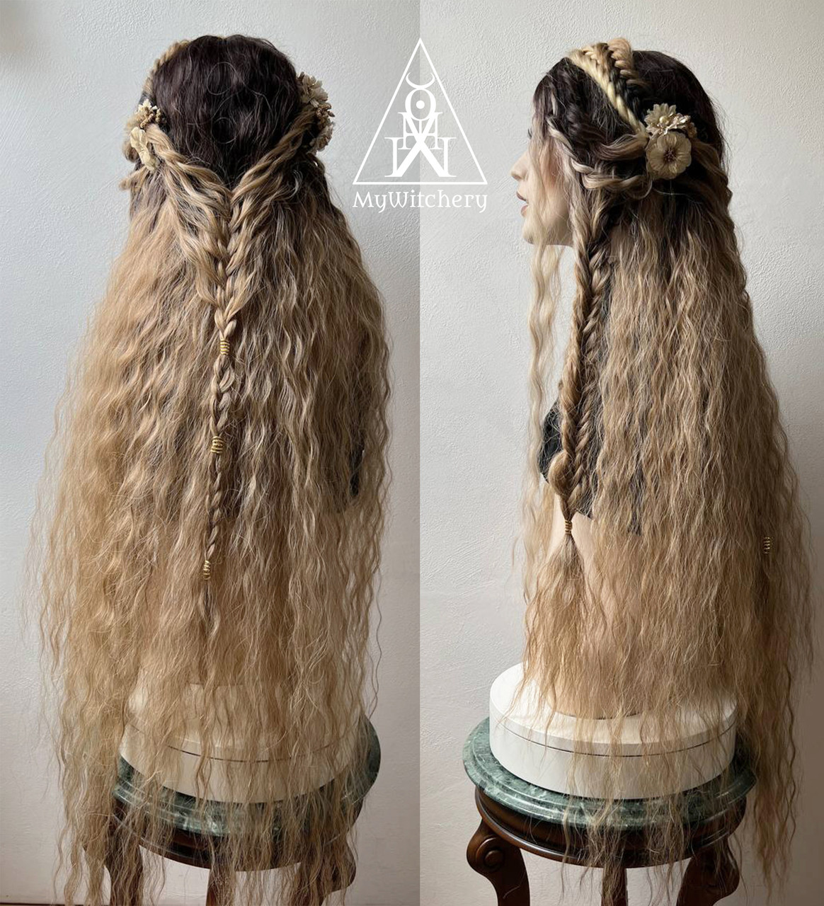 Persephone Goddess Extra Long Wavy Wig with Floral Decorations TO ORDER