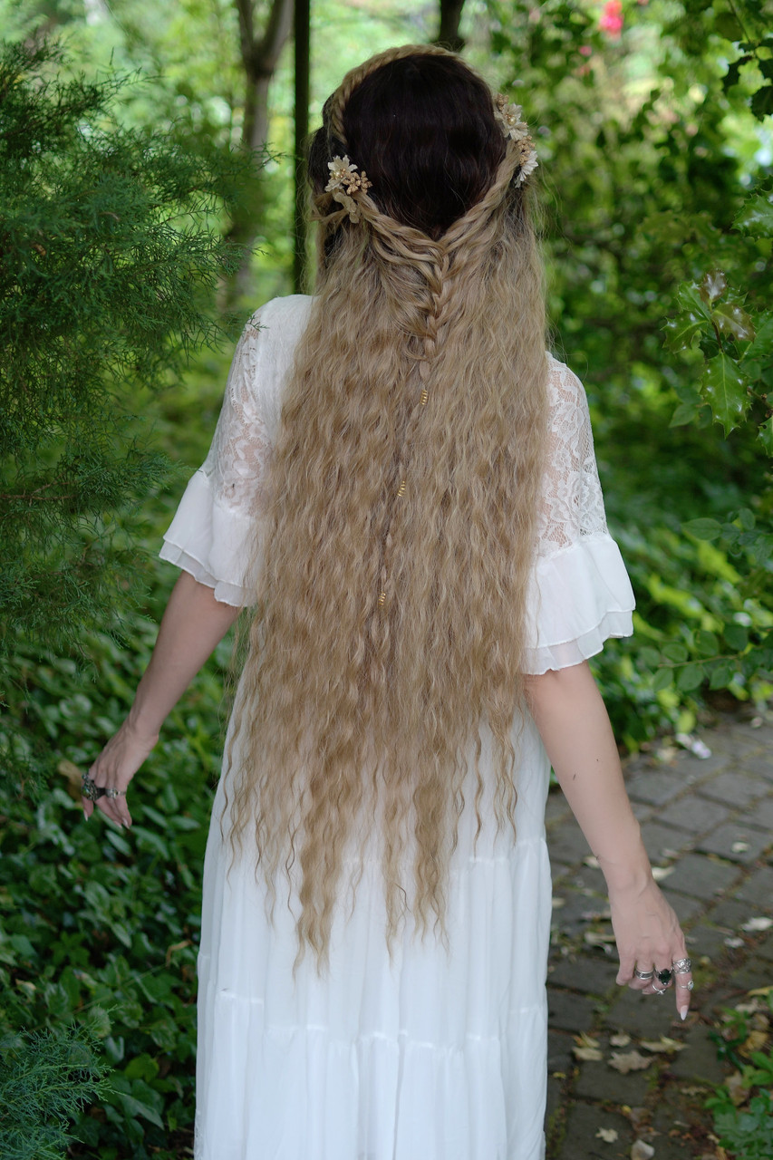 Persephone Goddess Extra Long Wavy Wig with Floral Decorations TO ORDER