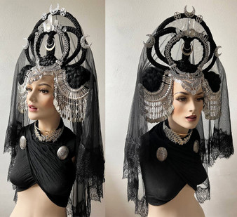 Wiccan moon goddess headdress with braids and black veil