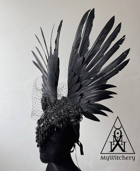 Black Gothic Headdress, Black Fascinator with Victorian Beaded Lace, Crow Costume  Fantasy Headpiece  TO ORDER