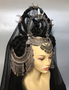 Moon headdress with braided wig and black veil for sorceress cosplay