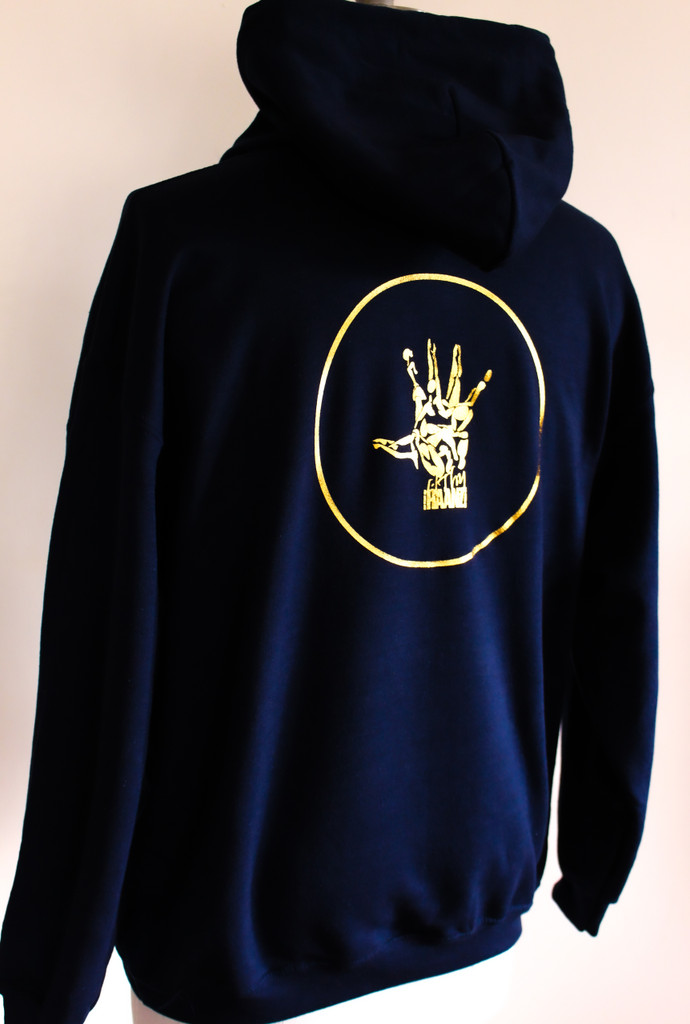 Navy blue pullover hoodie gold logo