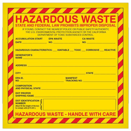 Hazardous Waste State and Federal Law - 6" x 6" Label