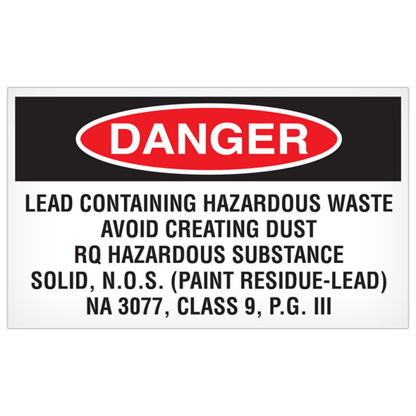 DANGER Lead Containing Hazardous Waste -  5"x3" Label - 500/roll