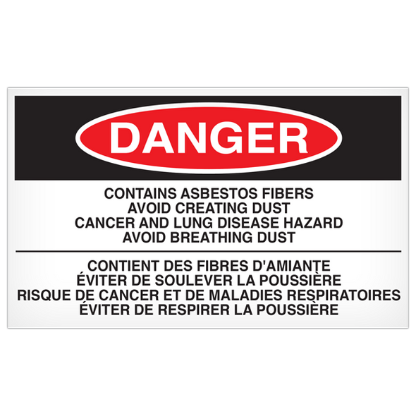 DANGER Contains Asbestos Fibers English/French - 5"x3" Label - 500/roll