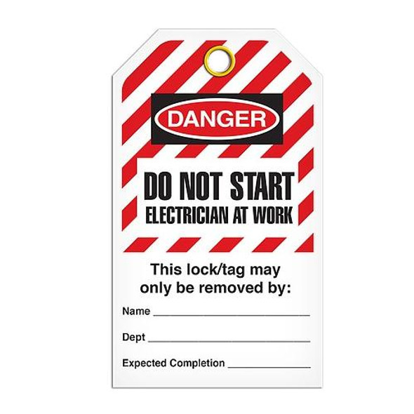Lockout "Do Not Start Electrician At Work" Striped Tag - 25/pkg