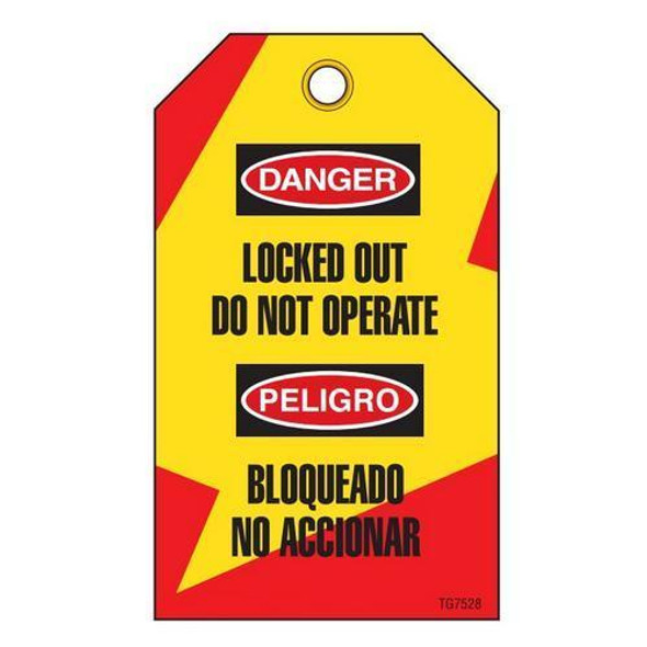 Danger "Locked Out Do Not Oper.." Bilingual E/S Tag - 25/pkg