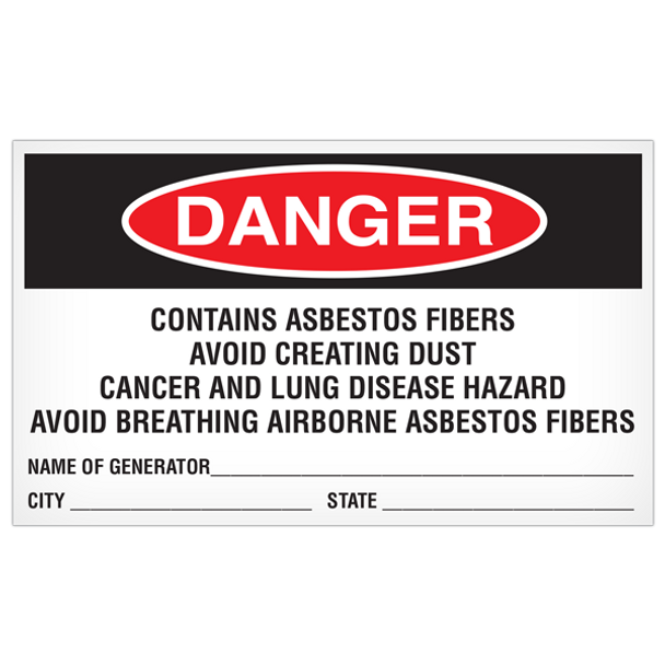 DANGER Contains Asbestos Fibers Avoid Creating Dust - 5"x3" Label - 500/roll