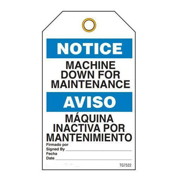 Notice "Machine Down For Mainte.." Bilingual E/S Tag - 25/pkg