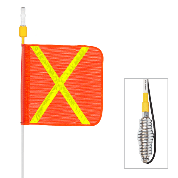 Super Duty Whip with 16"x16" Orange Flag (Yellow X), Heavy Duty Spring Base, and Constant White Light