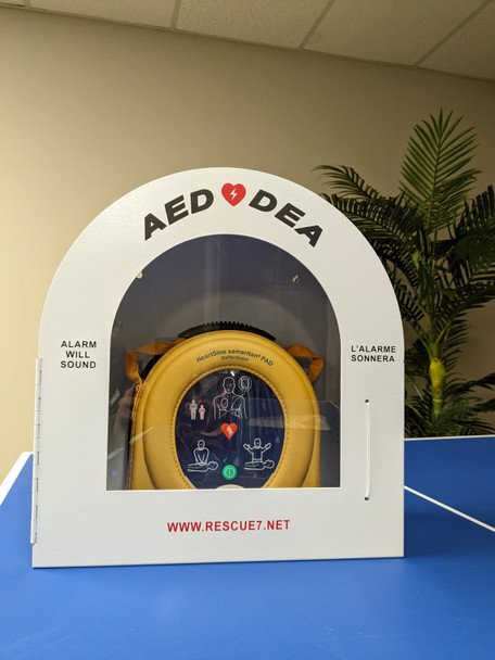 Deluxe Round-top Alarmed Bilingual AED Cabinet | Rescue 7 SPS-303-CDN Safety Supplies Canada