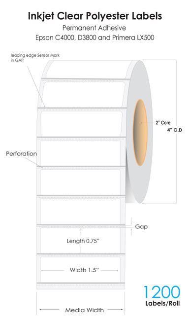 C4000/LX500 1.5" x 0.75" Inkjet Clear Polyester Labels 1200/Roll | 2" Core/4" OD